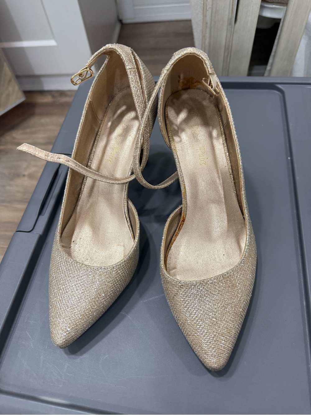Gold Pointed-Toe Ankle-Strap Pumps